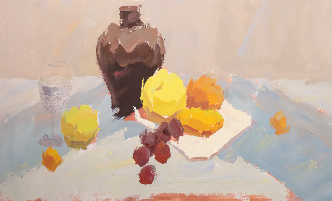 小色稿步骤:以深色罐子和水果为主的冷色调静物