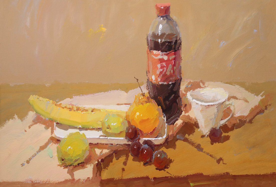 色彩静物作画步骤:以可乐和水果为主的黄色调静物